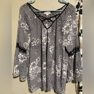 Misia Black & White Crisscross Floral-Stripe Tunic